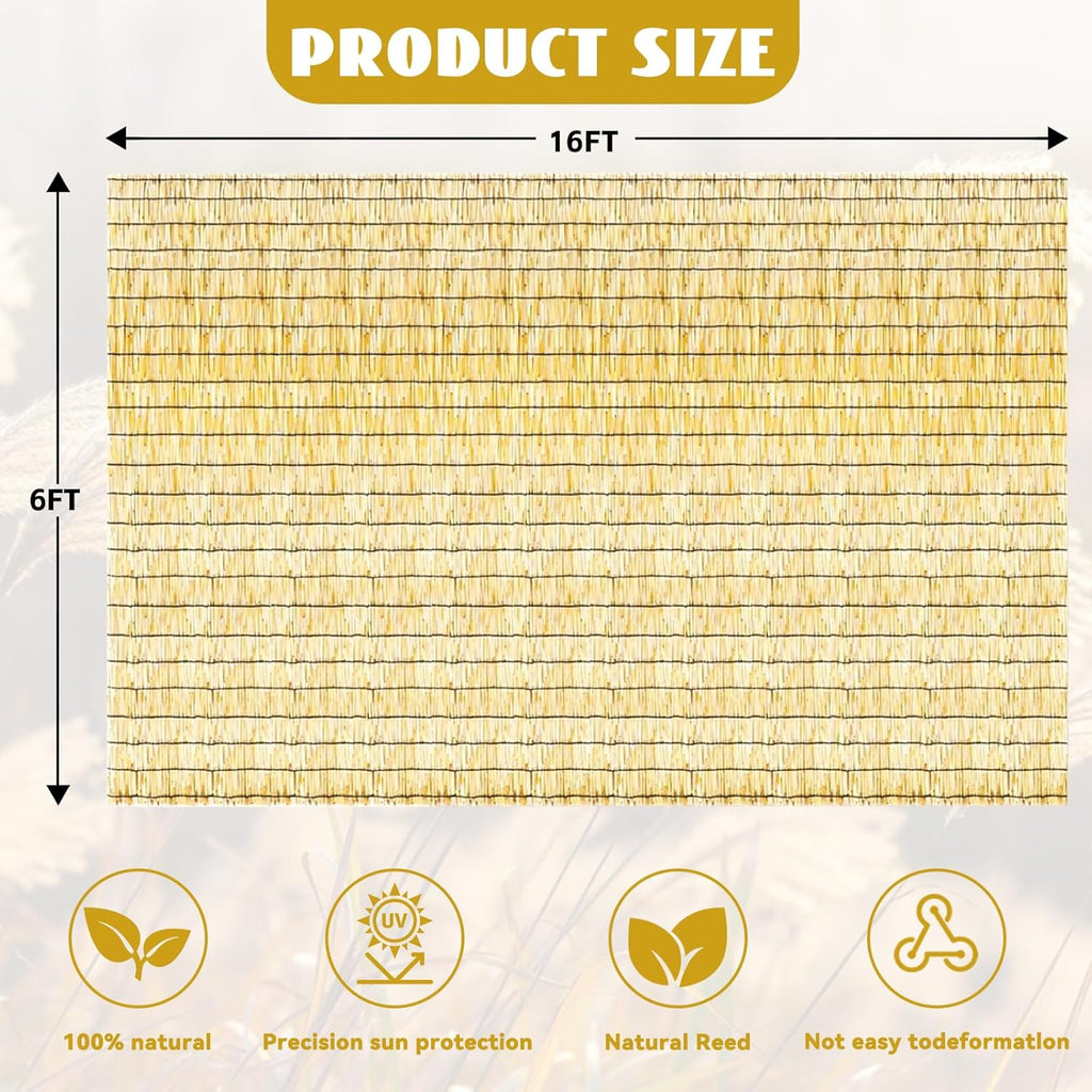 Bamboo Reed Fencing, Natural Bamboo Fence Rolls 6 Feet High, Decorative Privacy Screen Reed Curtains for Patio Balcony Garden Backyard Outdoor, 6 x 16 FT