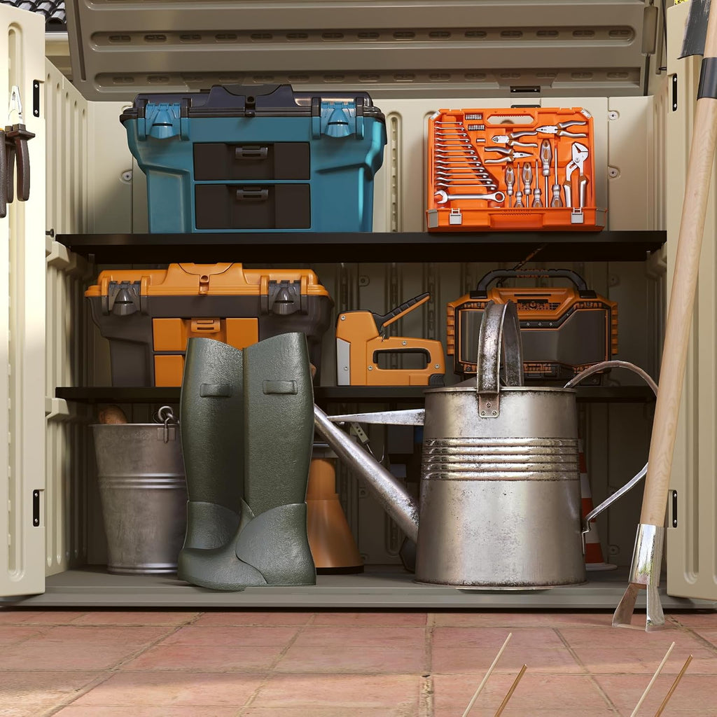 Horizontal Resin Storage Shed, 47 Cuft Garden Tool Sheds & Outdoor Storage, Outdoor Plastic Storage Cabinet Waterproof, 4.5 x 2.8 ft Backyard Outside Lawn Mower Storage Shed, Vanilla