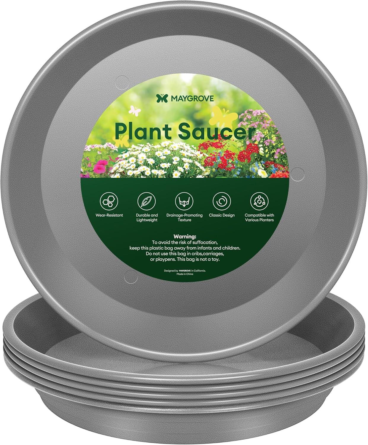 6 Pack Plant Saucer, 8 10 12 inch Plant Saucers for Indoor, Heavy Duty Plastic Plant Trays for pots, Grow Bags, Bird Baths, Flower Drip Trays for Indoor and Outdoor Uses (10", Gray)