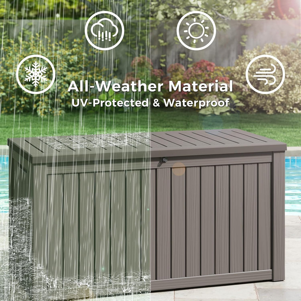 150 Gallon Resin Deck Box, Large Indoor and Outdoor Storage Box, Weatherproof and UV Resistant Outdoor Storage Box with Built-in Steel Beams for Patio, Cushions, Pool Supplies