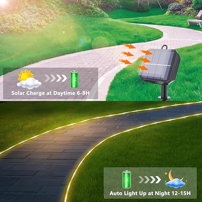 Solar Rope Lights, 2 Packs 66ft 200LED Solar String Lights, 8 Modes Waterproof Solar Powered Outdoor Lights, Flexible Clear Tube Light for Garden, Backyard, Patio, Deck, Pool,Tree Decor - Warm White