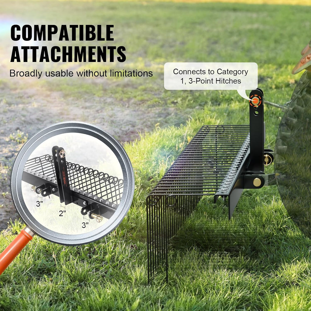 VEVOR Tow Behind Landscape Rake, 72" Tow Dethatcher with 32 Steel Tines, Lawn Dethatcher Rake Attaches to Category 1, 3 Point Hitch for Tractor, for Leaves, Pine Needles, Straw, and Grass