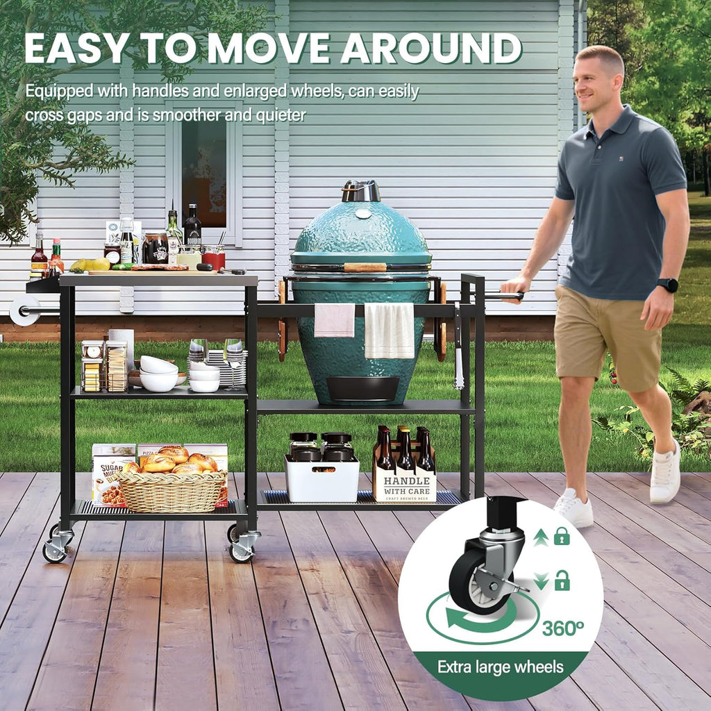 TC-HOMENY Grill Table for Big Green Egg Stand, Metal Cooking Table Stand with Wheels, Heavy Duty Outdoor Movable Style BBQ Grill Cart, Grill Holder Compatible with Large Big Green Egg and Other Models