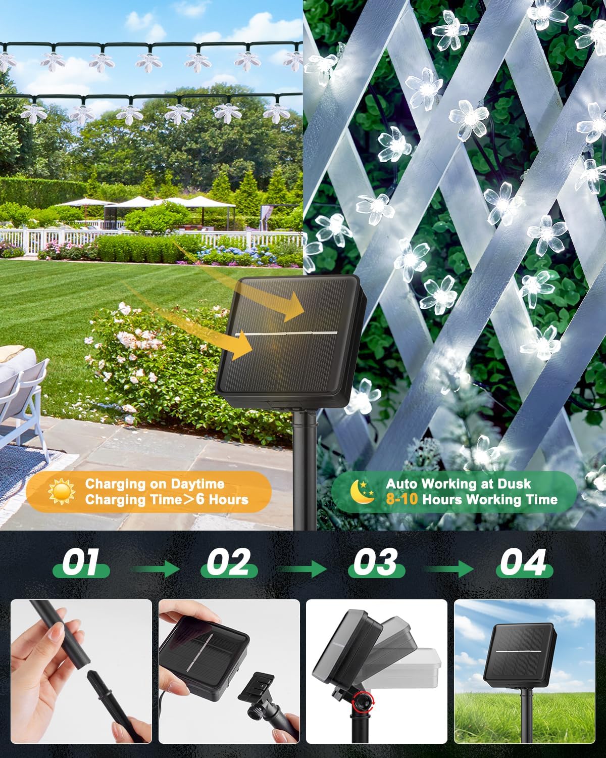 Brightown 2 Pack Total 52FT 120 LED Solar String Lights Flower Outdoor Waterproof Fairy Lights for Garden Yard Fence Patio Christmas Tree Wedding Party Decor, Pure White