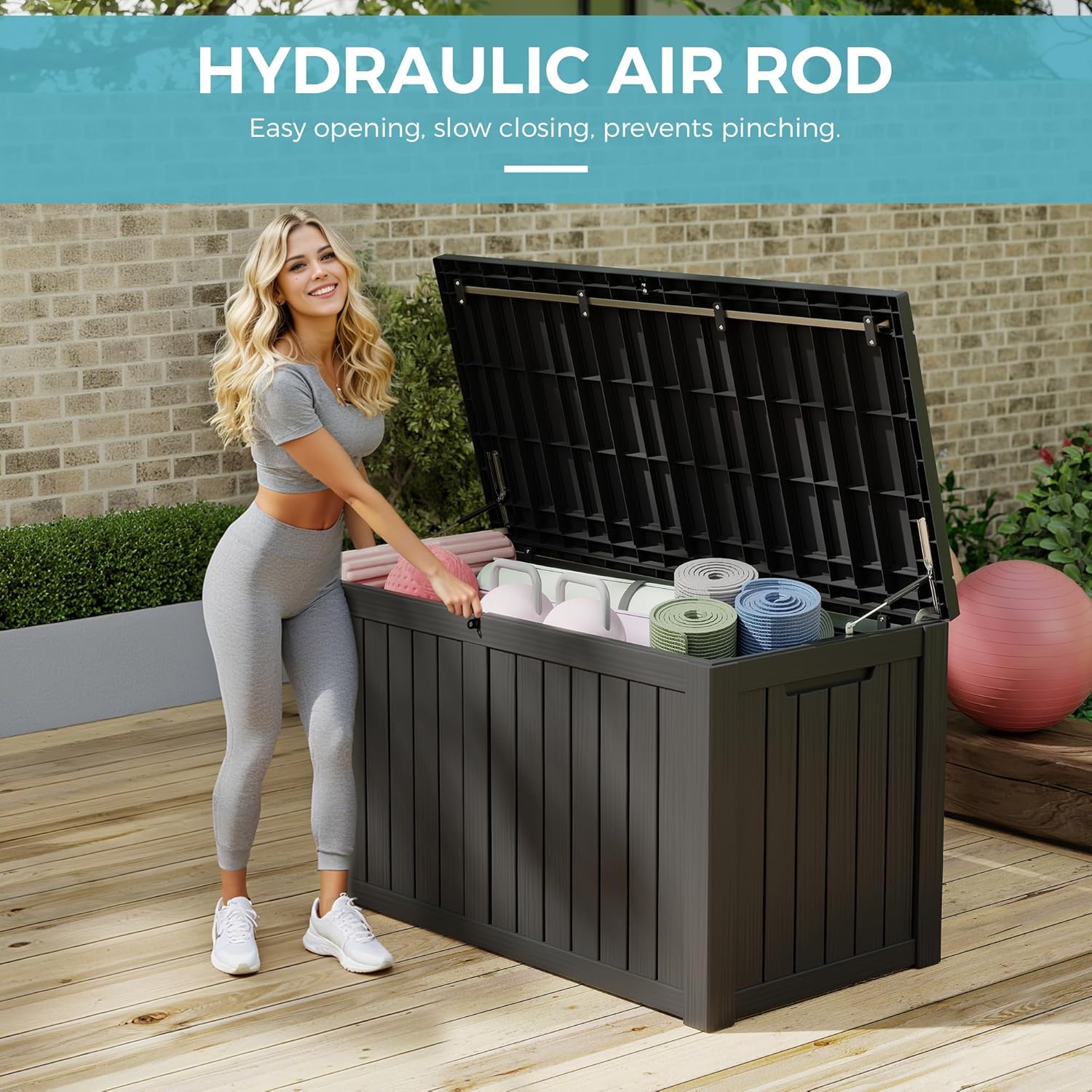 NUNU LAB 150 Gallon Outdoor Storage Box,Resin Large Sturdy Deck Box, Backyard Outside Storage Box Waterproof with Double Wall Panels,Package Delivery Garden Outdoor Hose Storage Bin