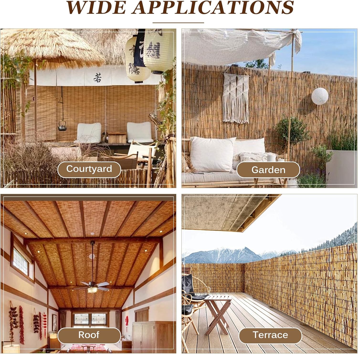 Natural Reed Fencing Rolls: Privacy Bamboo Fence 3/4/5/6ft High Roll Reed Screen, Decorative Bamboo Fencing for Outdoor Balcony Patio Garden Backyard,with Cable Zip Ties(Coffee, 4x16.4ft)