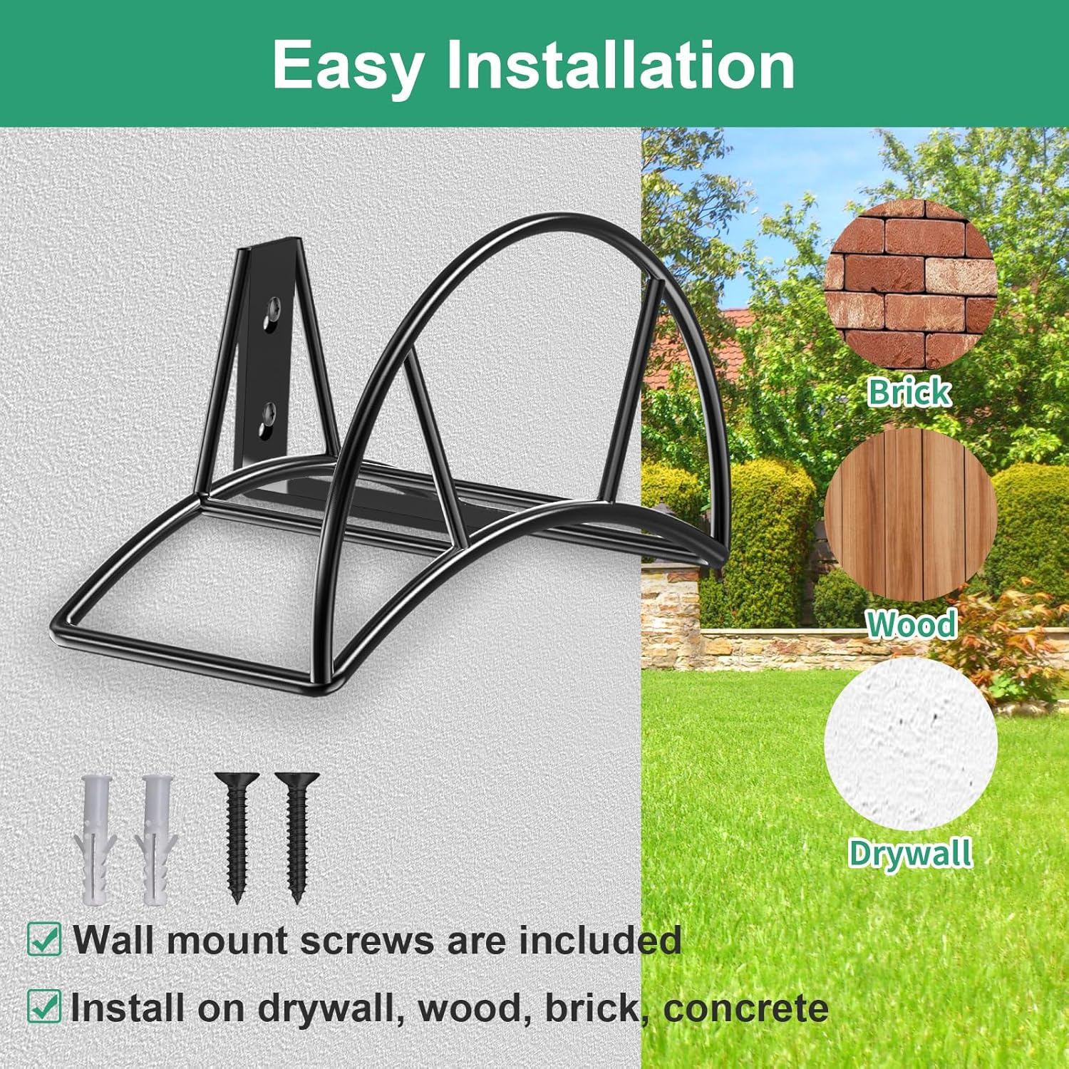 TomCare Garden Hose Holder Wall Mount Metal Water Hose Holder Holds 125Ft Hoses Heavy Duty Hose Hanger Sturdy Hoses Storage Organizer for Outside Yard Garden, Black