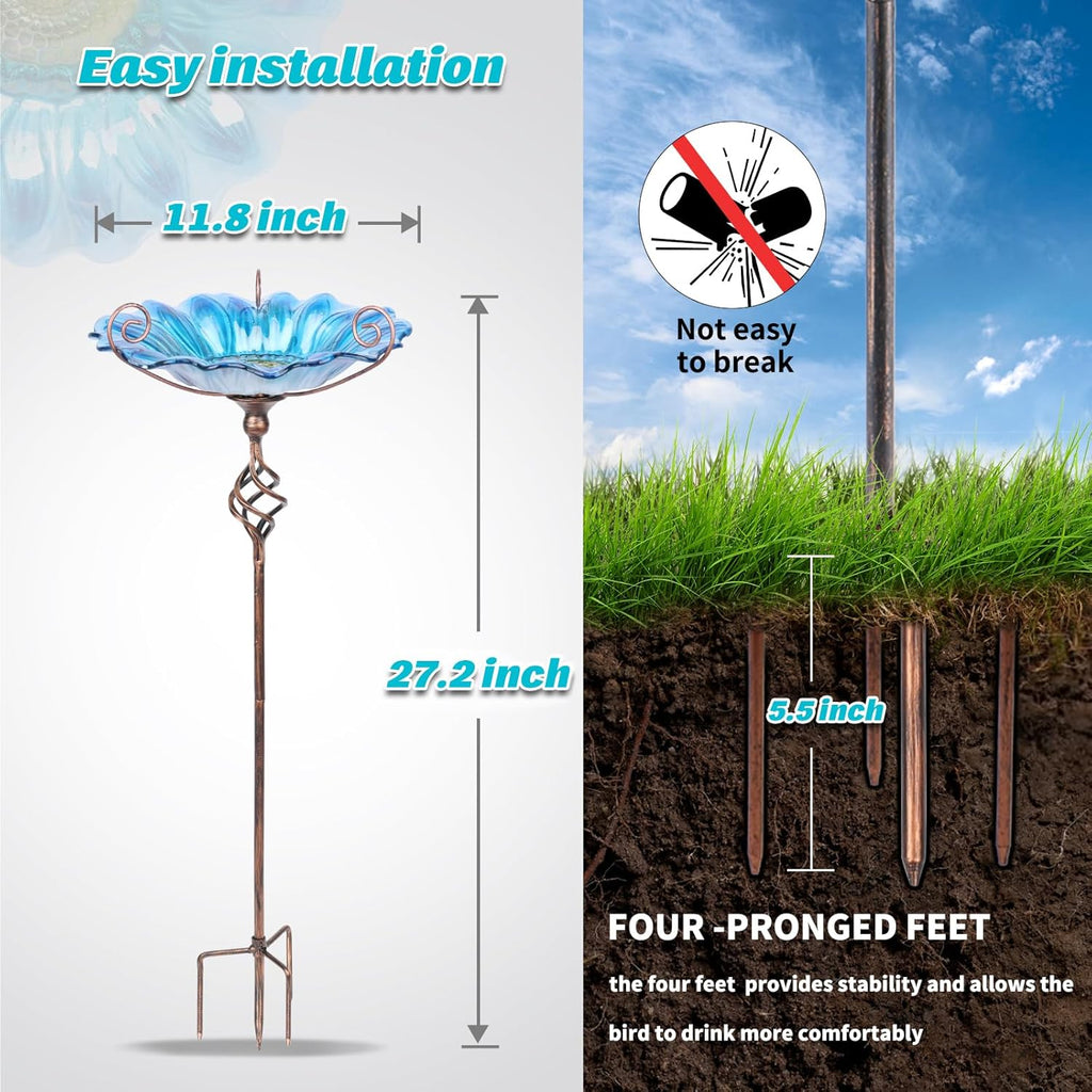 MUMTOP Bird Baths for Outdoors, Outdoor Bird Bath,Glass Birdbath Sunflower Bird Feeders Bowl with Stake for Garden Yard Decor (Blue)