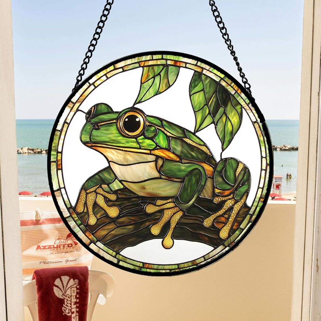 Stained Glass Window Hanging, Frog Green Leaf Sun Catchers Colorful Glass Panel Cool Suncatcher Decor for Birthday for Women, Men, Wife, Aunt, and Mom 14.9x14.9 in