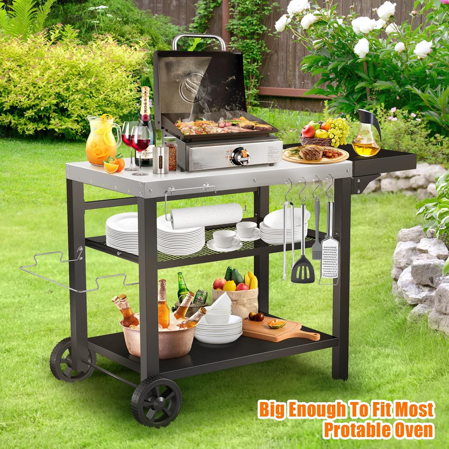 Grill Cart, Outdoor Grill Table, Pizza Oven Stand, Three-Shelf BBQ Table, Movable Dining Cart with Drawer, Fits for Ninja Woodfire Grill, Blackstone Griddle,Tabletop Grill