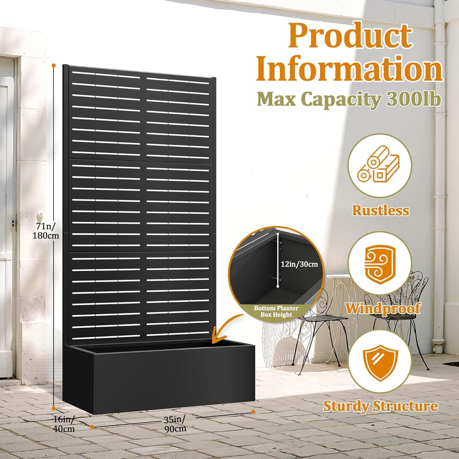 TOAOTBNBO Metal Planter Box with Trellis, Heavy-Duty Raised Garden Bed for Climbing Plants, Drainage Hole, Outdoor Planter Box with Privacy Screen，35''L×16''W×71''H