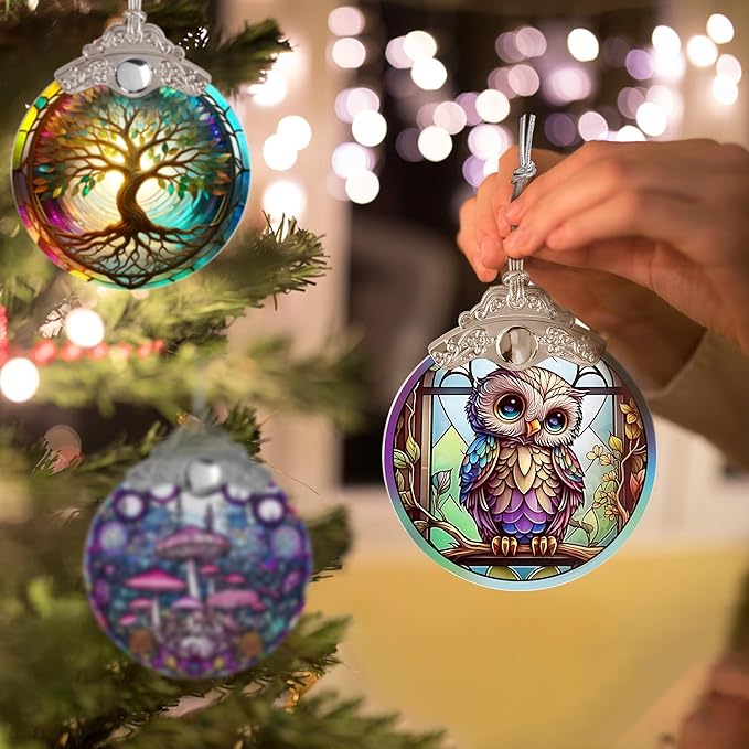 Owl Stained Glass Suncatcher, Jocidea Owl Ornament, Owl Christmas Ornament, Holidays Ornaments, Christmas Tree Ornament, Owl Decor, Gifts for Owl Lovers