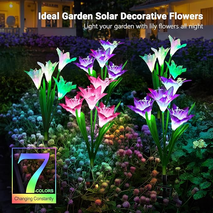 WdtPro Solar Outdoor Lights Garden Decorative 10 Pack, Waterproof Solar Garden Lights with 40 Lily Flowers, Multi-Color Changing Outdoor Solar Lights for Yard Outside Garden Decorations
