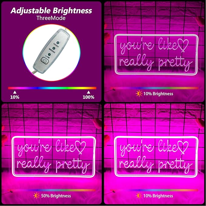 You're Like Really Pretty Neon Sign for Wall Decor, Dimmable LED Neon Lights for Bedroom, USB Powered Light Up Signs for Home Birthday Party Wedding Beauty Salon Decoration Pink LED Neon Signs