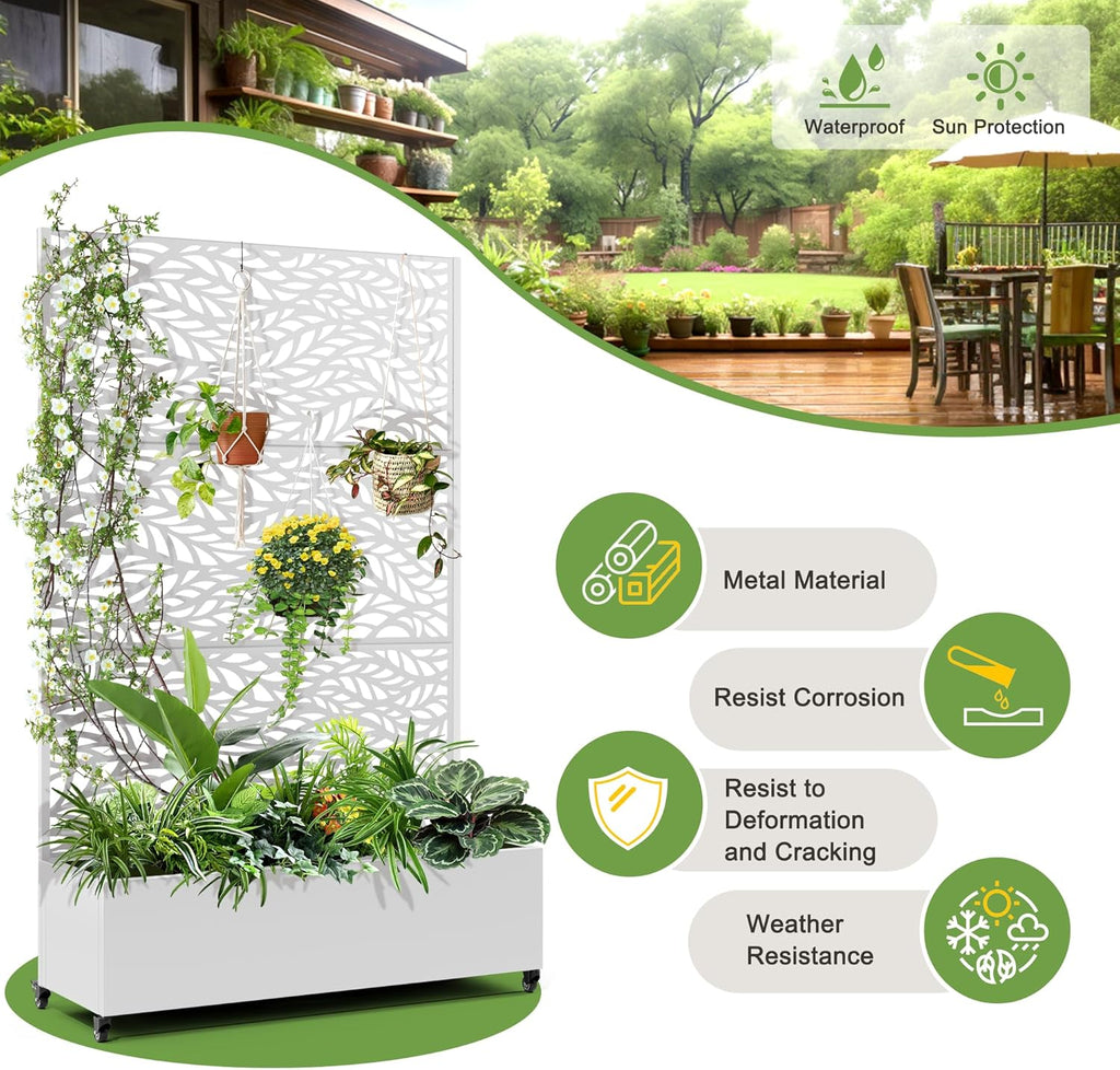 FENCY Metal Raised Garden Bed with Wheels and Trellis,73"x47"x16" Planter Box for Climbing Plants, Vegetables & Vines, Features Privacy Screen and Drainage Holes (White-Leaf)