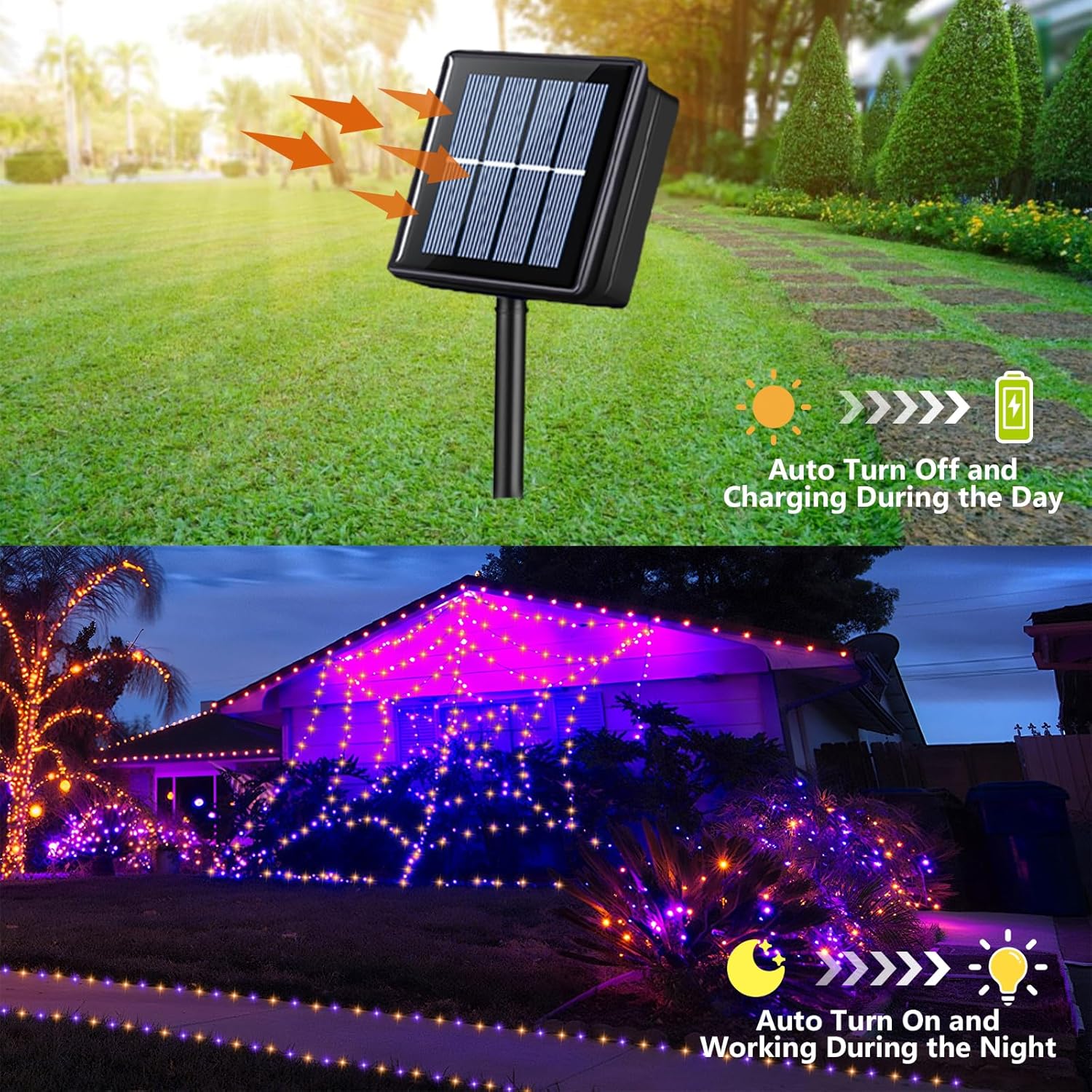 QITONG 4 Pack Orange and Purple Solar Fairy Lights, Each 33ft 100 LED Halloween Lights Outdoor Waterproof, 8 Modes Copper Wire Solar String Lights
