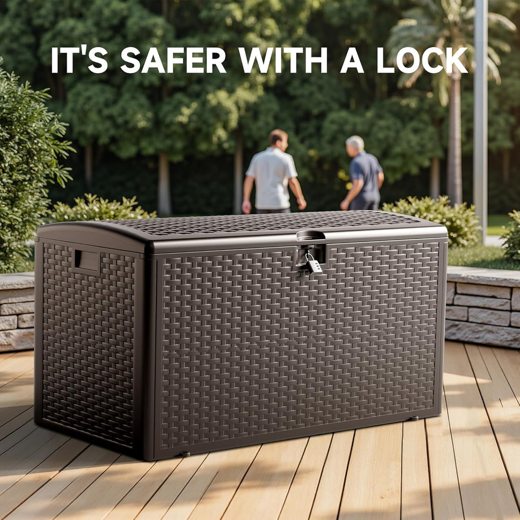 73 Gallon Deck Box, Double Layer Waterproof Resin Outdoor Indoor Storage Box, Lockable & UV Resistant Storage Bin for Patio Furniture, Garden Tools, Pool Accessories (Brown)