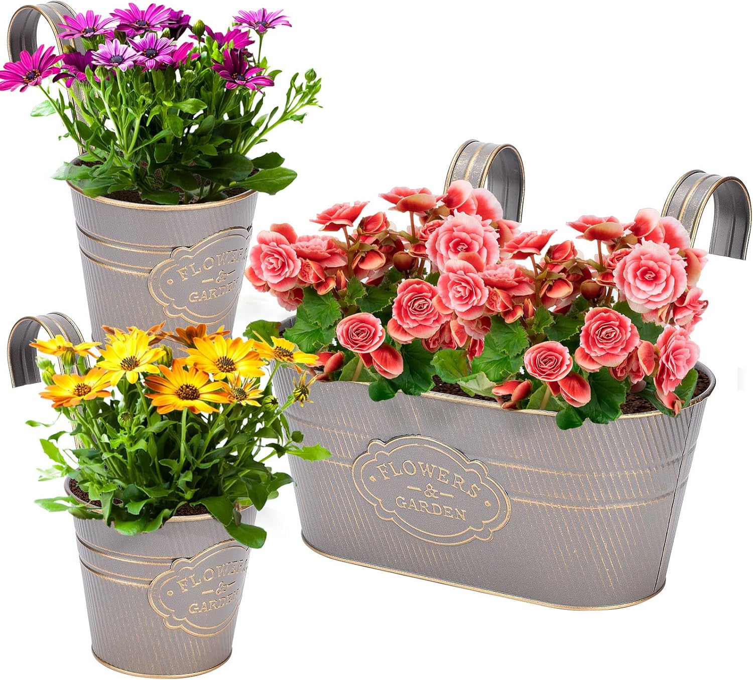 PerGar Vintage Metal Iron Wall Hanging Flower Pots, Rustic Planter Bucket Herb Flower Plant Holder with Detachable Hooks & Drainage Hole for Railing Fence Balcony Deck Garden Home Decoration, Set of 3