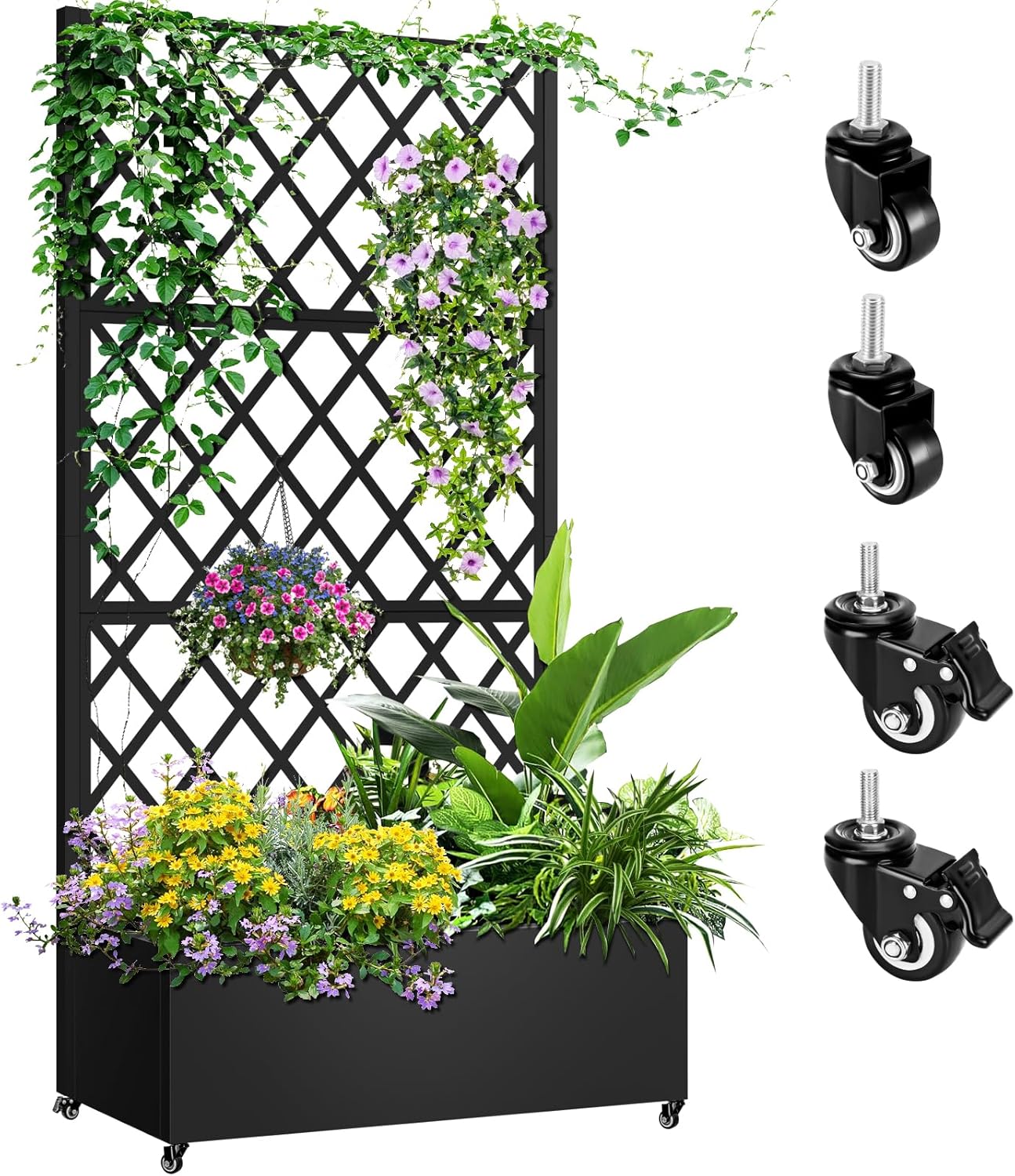 Metal Planter Box with Trellis, 72"x35"x16" Metal Raised Garden Bed with Trellis, Trellis Planter Box with Drainage Holes & Lockable Casters for Climbing Plants, Vegetables, and Vines