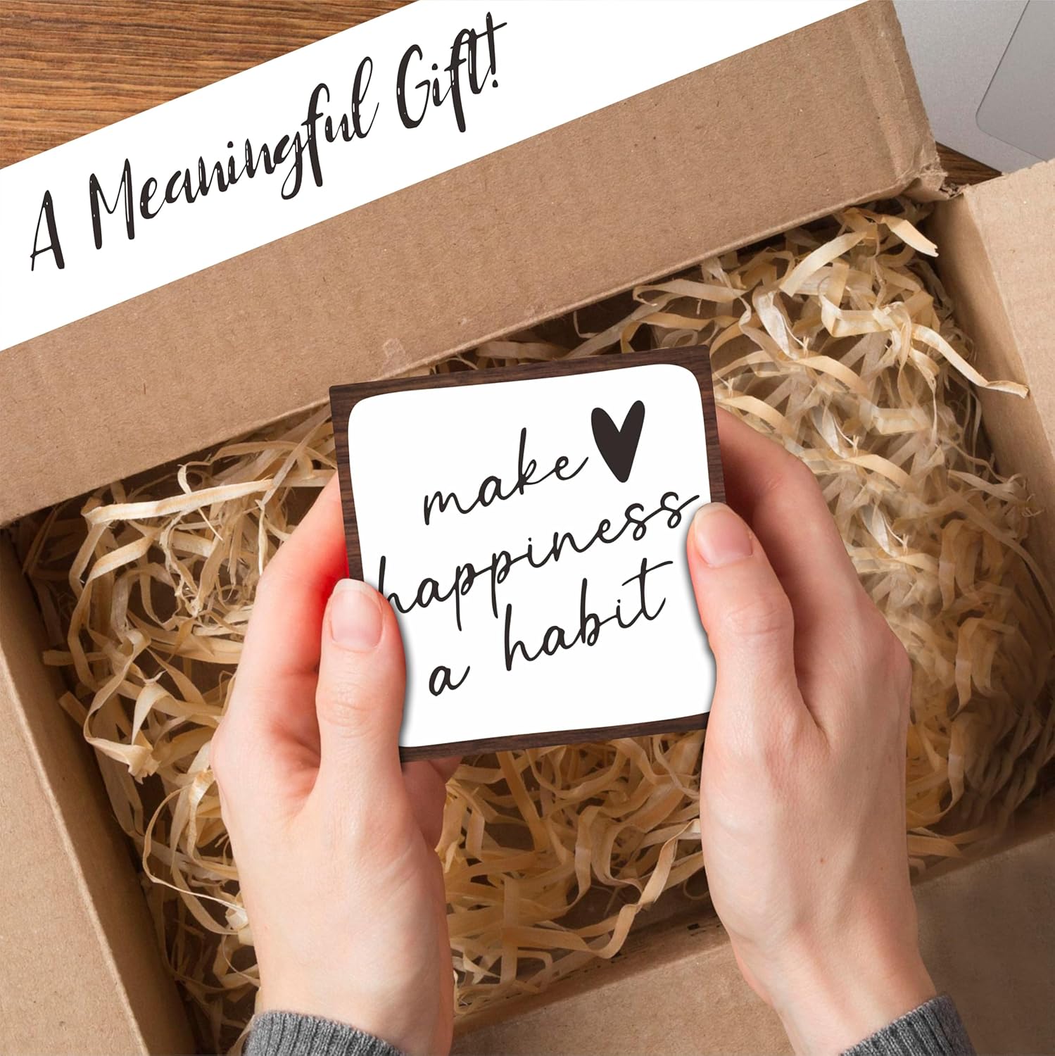 4" Wooden Sign For Tabletop - Make Happiness A Habit，Inspirational Wooden Plaque, Desk Decor And Quote Sign For Office, Home Decorations & Gifts - A06