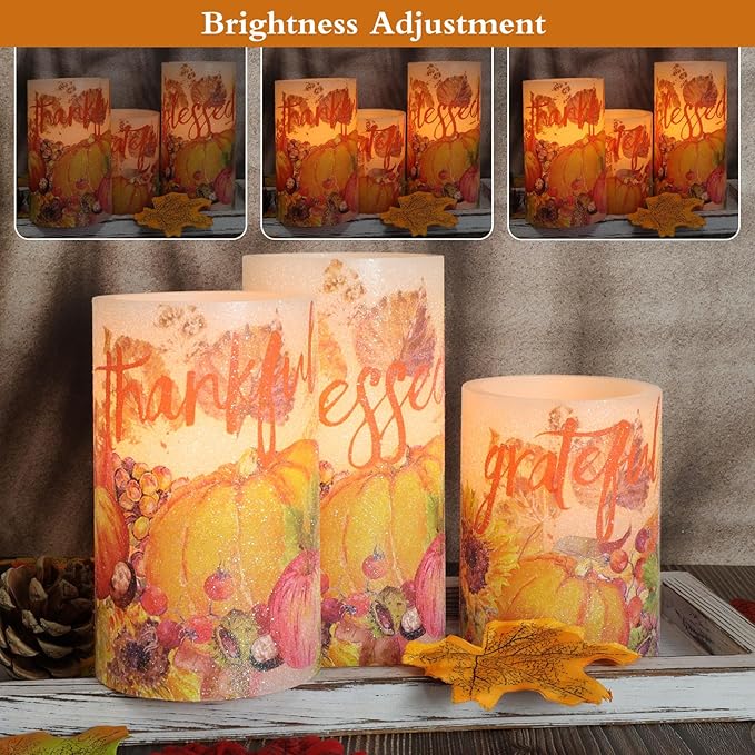 Thanksgiving Blessings LED Candles Pumpkin Glitter Desgin Real Wax Flickering Flameless Fall Harvest Battery Operated with Remote Timer 6H for House Warming Gifts New Home Table Tary Decor