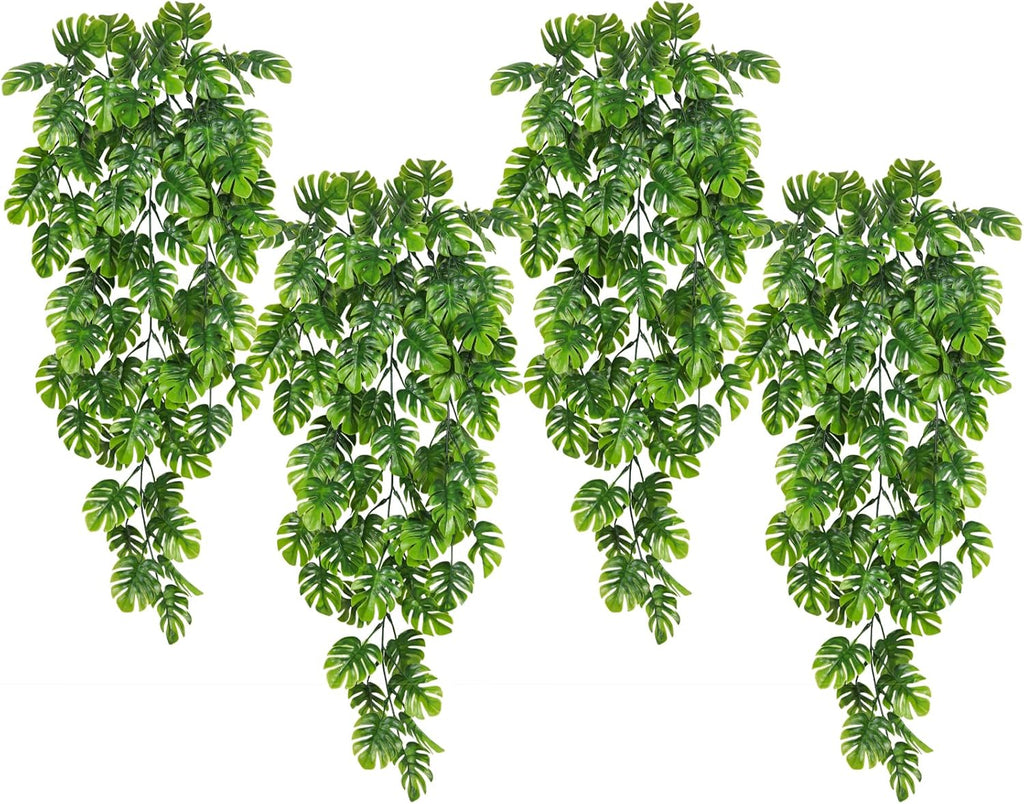 RECUTMS Artificial Hanging Plants 4Pcs, Fake Monstera Leaves Ivy Vine Faux Greenery UV Resistant Tropical Palm Leaf Swag Plant for Garden Home Jungle Hawaiian Luau Party Outdoor Indoor Spring Décor