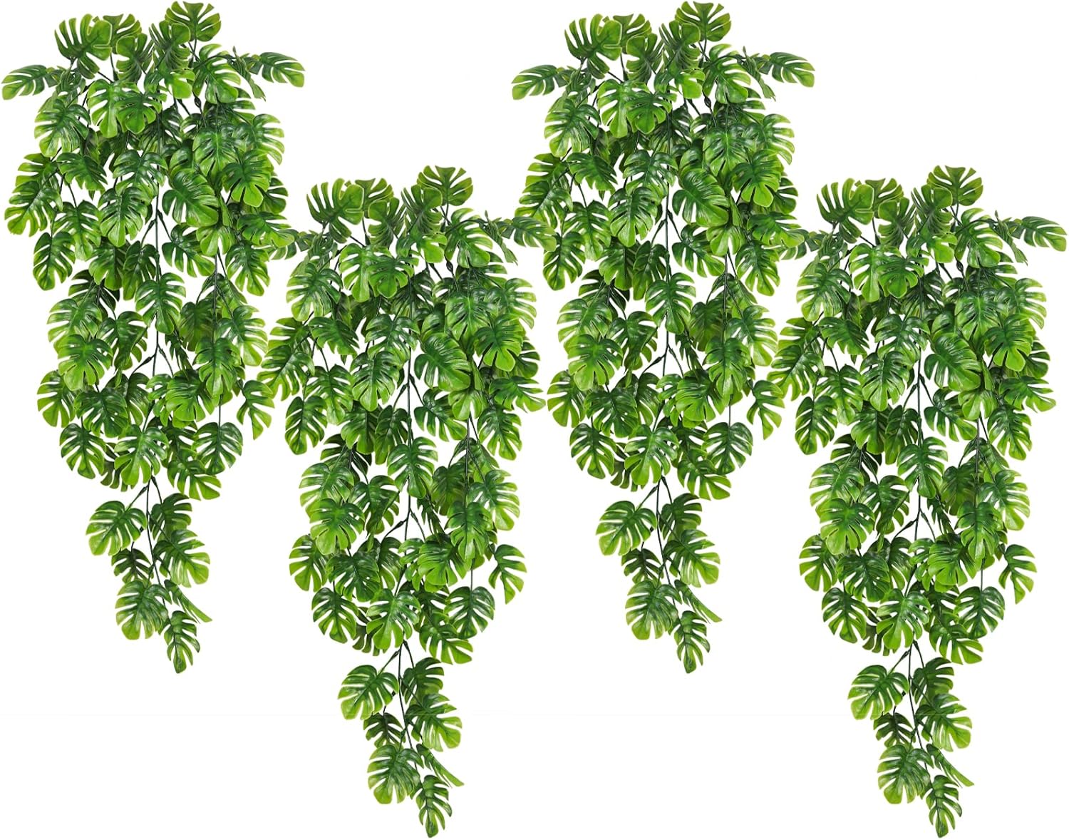 RECUTMS Artificial Hanging Plants 4Pcs, Fake Monstera Leaves Ivy Vine Faux Greenery UV Resistant Tropical Palm Leaf Swag Plant for Garden Home Jungle Hawaiian Luau Party Outdoor Indoor Spring Décor
