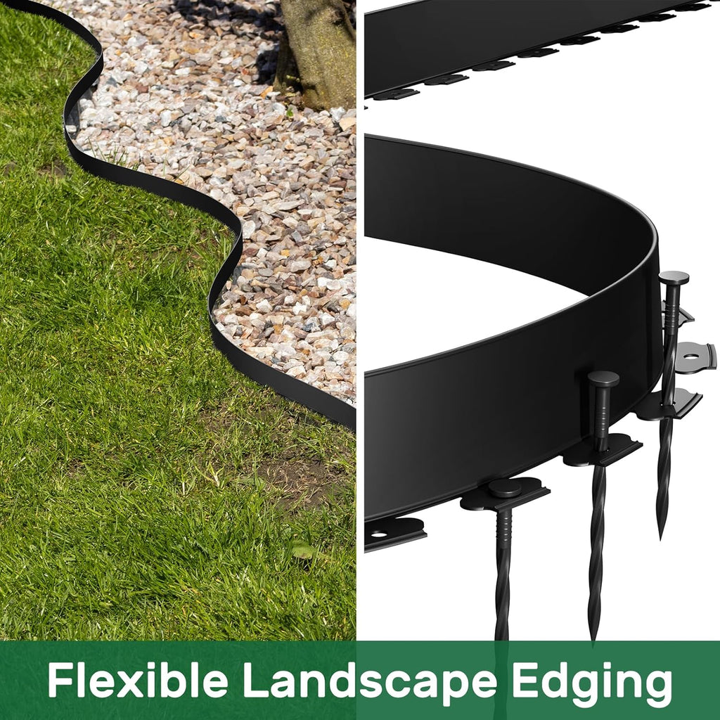 AGTEK 98FT Plastic Landscape Edging Kit 3inch Height No-Dig Garden Edging Border Lawn Edging Roll for Flower Bed Lawn Yard, Black, with 60 Anchoring Spikes