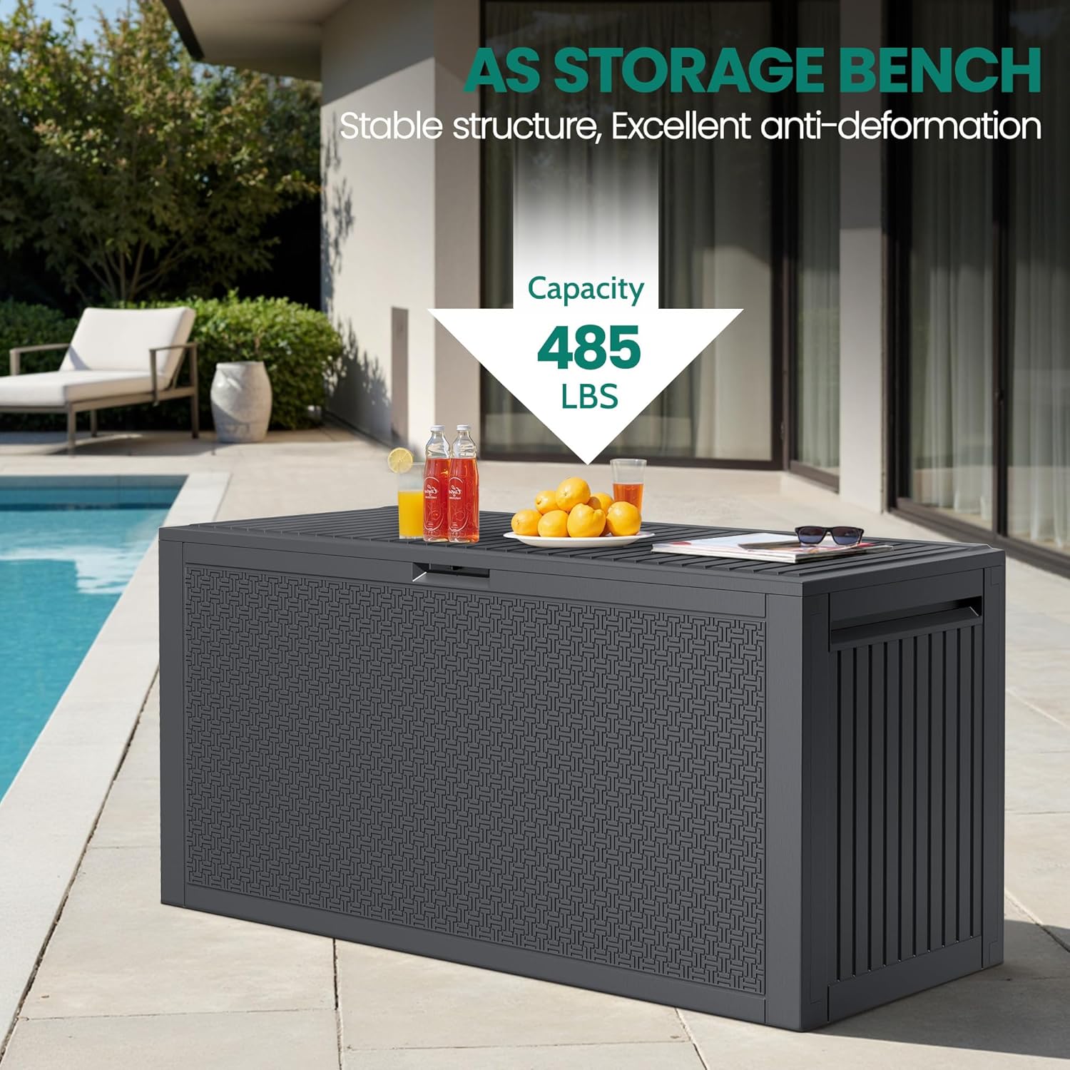90 Gallon Outdoor Deck Box, Waterproof Outdoor Deck Box, Durable Resin Bin for Patio Cushions, Garden Tools and Pool Accessories, Lockable with UV Protection, Dark Gray, Patio Furniture (90 Gal Gray)