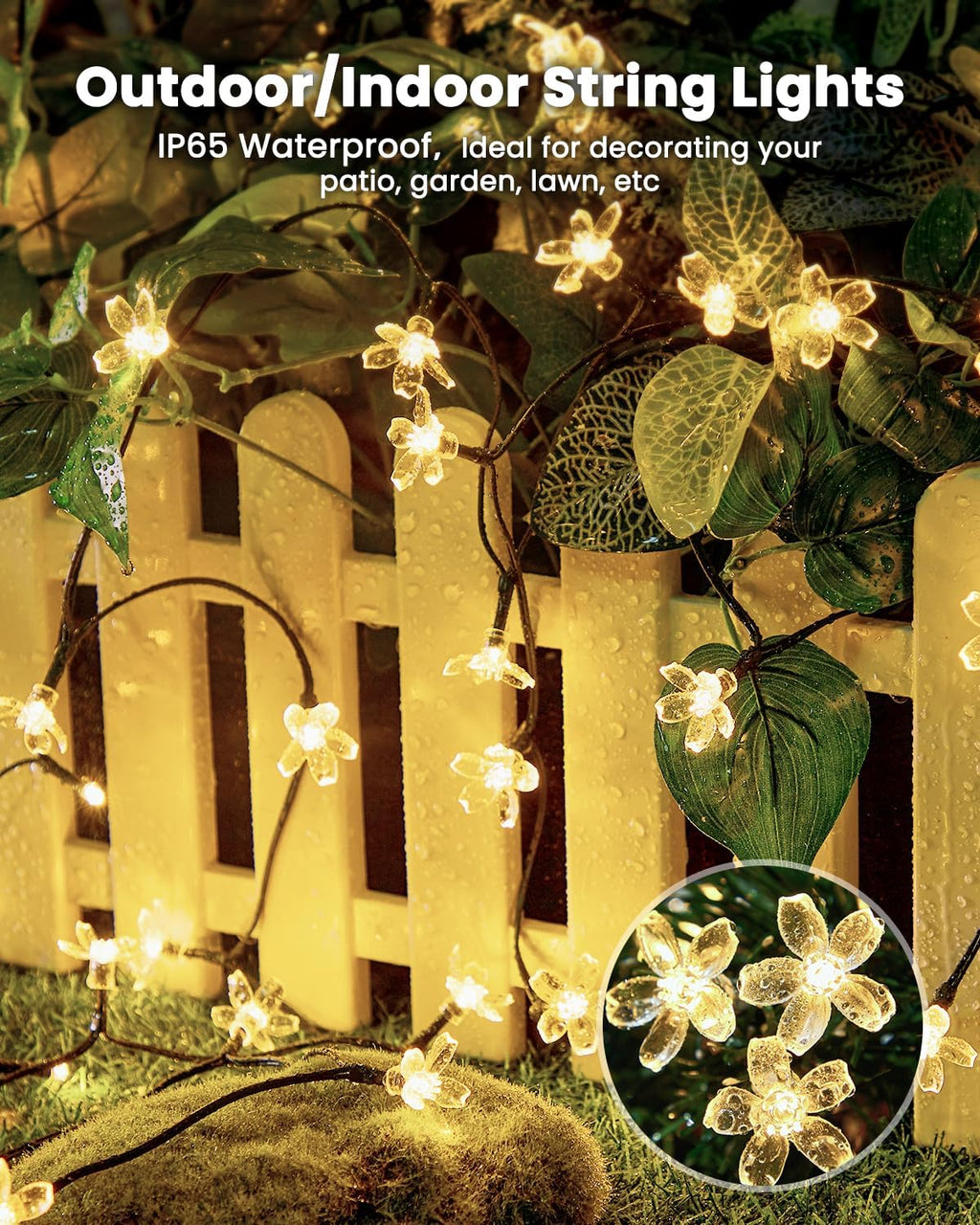 Brightown 2 Pack Total 52FT 120 LED Solar String Lights Flower Outdoor Waterproof Fairy Lights for Garden Yard Fence Patio Christmas Tree Wedding Party Decor, Warm White