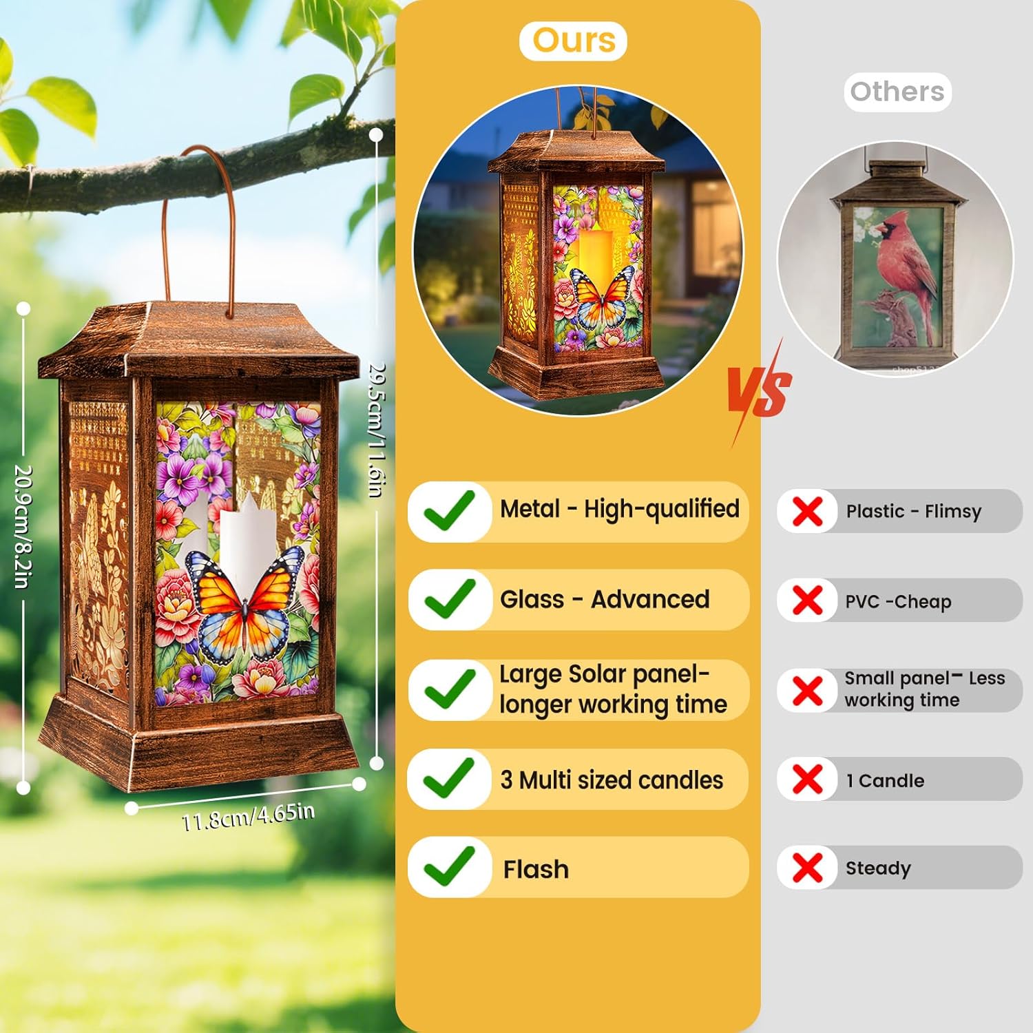 Butterfly Solar Lanterns Outdoor Waterproof, Metal & Glass Hanging Lights Garden Decor, Birthday Gifts for Women Mom Grandma Mothers Day, Decorative Lights for Outside Yard Patio Backyard Porch