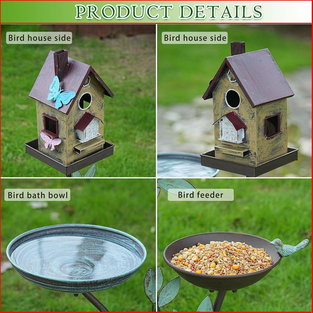 38" H Cast Iron Pedestal Bird Baths for Outdoors,3 in 1 Metal Bird Bath Bowl with Bird Houses and Bird Feeder,Garden Yard Decor
