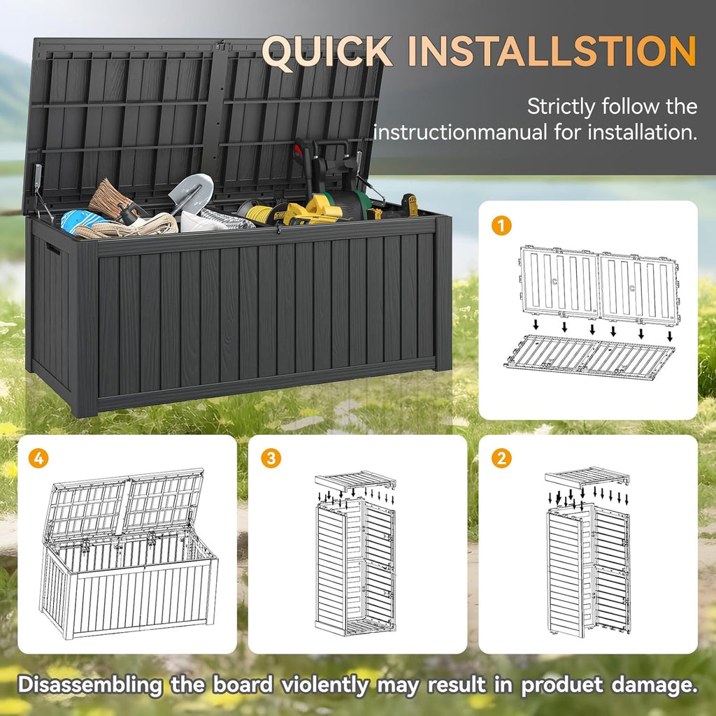 NUNU LAB 180 Gallon Outdoor Storage Box,Large Resin Sturdy Deck Box, Backyard Outside Storage Box Waterproof with Double Wall Panels,Package Delivery Garden Hose Storage Bin Outdoor Tool