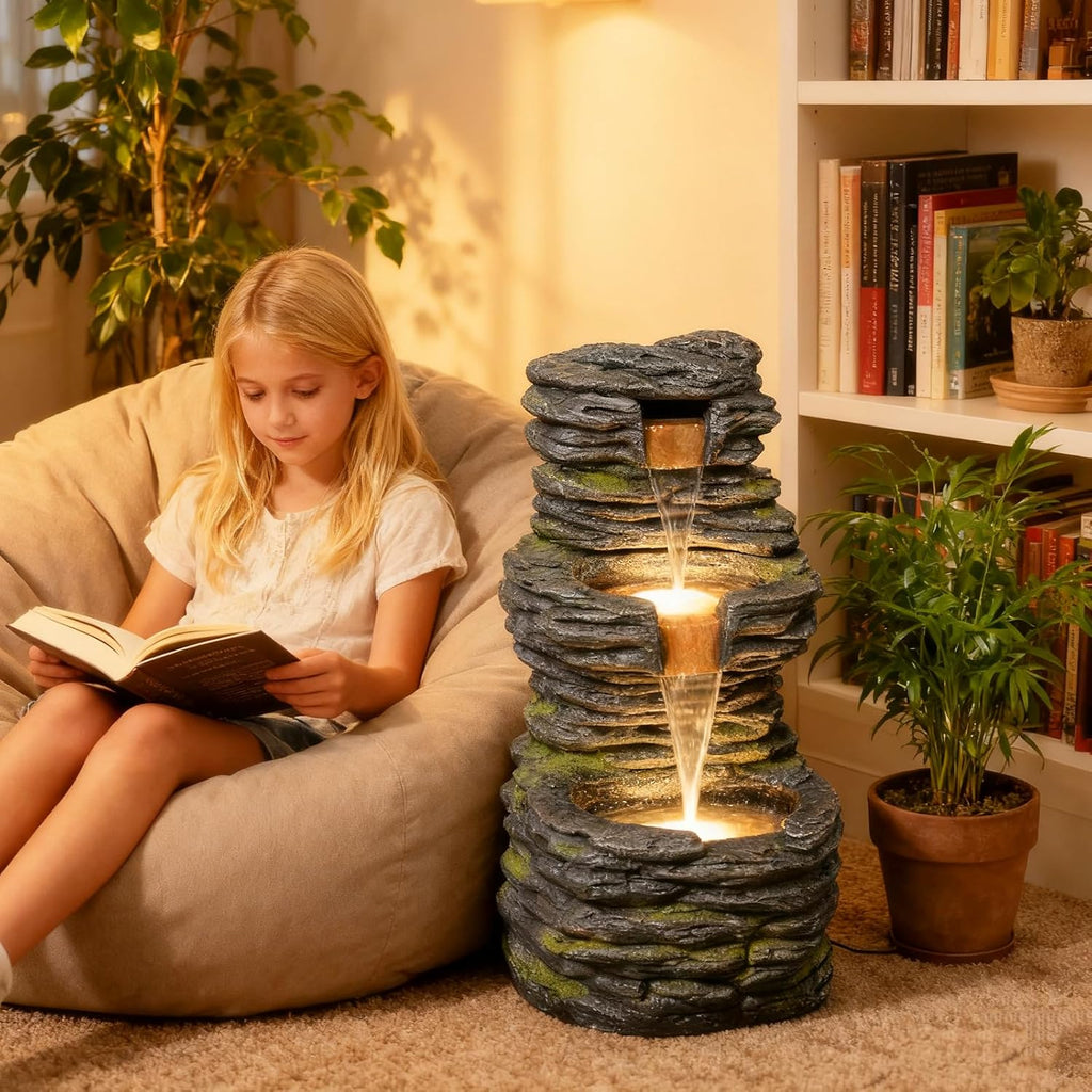 28.8” Tall Rock Water Fountain Outdoor Garden, 3-Tiers Cascading Rock Natural Waterfall Fountains with LED Lights, Indoor Resin Water Feature Fountain for Patio, Garden and Backyard, Deck, Porch, Home