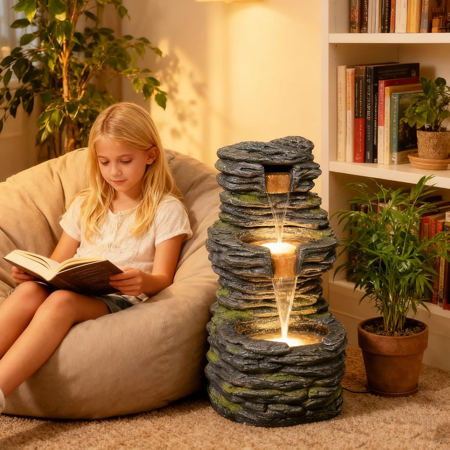 28.8” Tall Rock Water Fountain Outdoor Garden, 3-Tiers Cascading Rock Natural Waterfall Fountains with LED Lights, Indoor Resin Water Feature Fountain for Patio, Garden and Backyard, Deck, Porch, Home