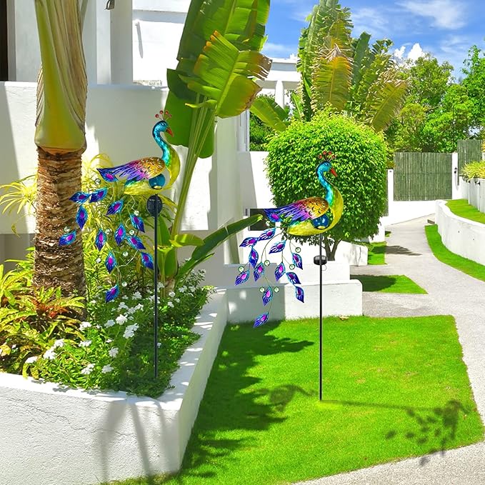 DREAMSOUL Solar Garden Lights Outdoor, Metal Peacock Decor Solar Lights Garden Stakes with Led String Lights, Waterproof Crackle Glass Ball Landscape Path Light for Lawn Patio