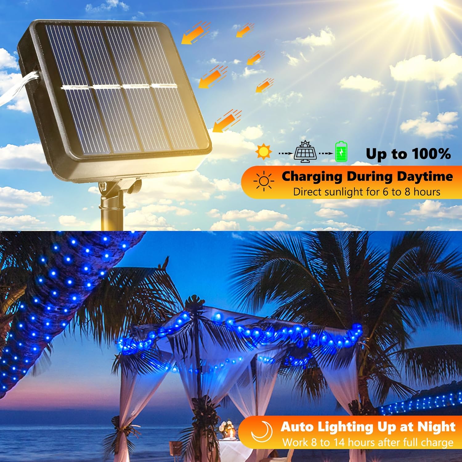 Joomer Solar Fairy Lights, 2-Pack Total 80FT 240LED Solar String Lights Outdoor Waterproof 8 Lighting Modes for Fence Party Garden Patio Yard Home Holiday Tree Outdoor Decoration (Blue)