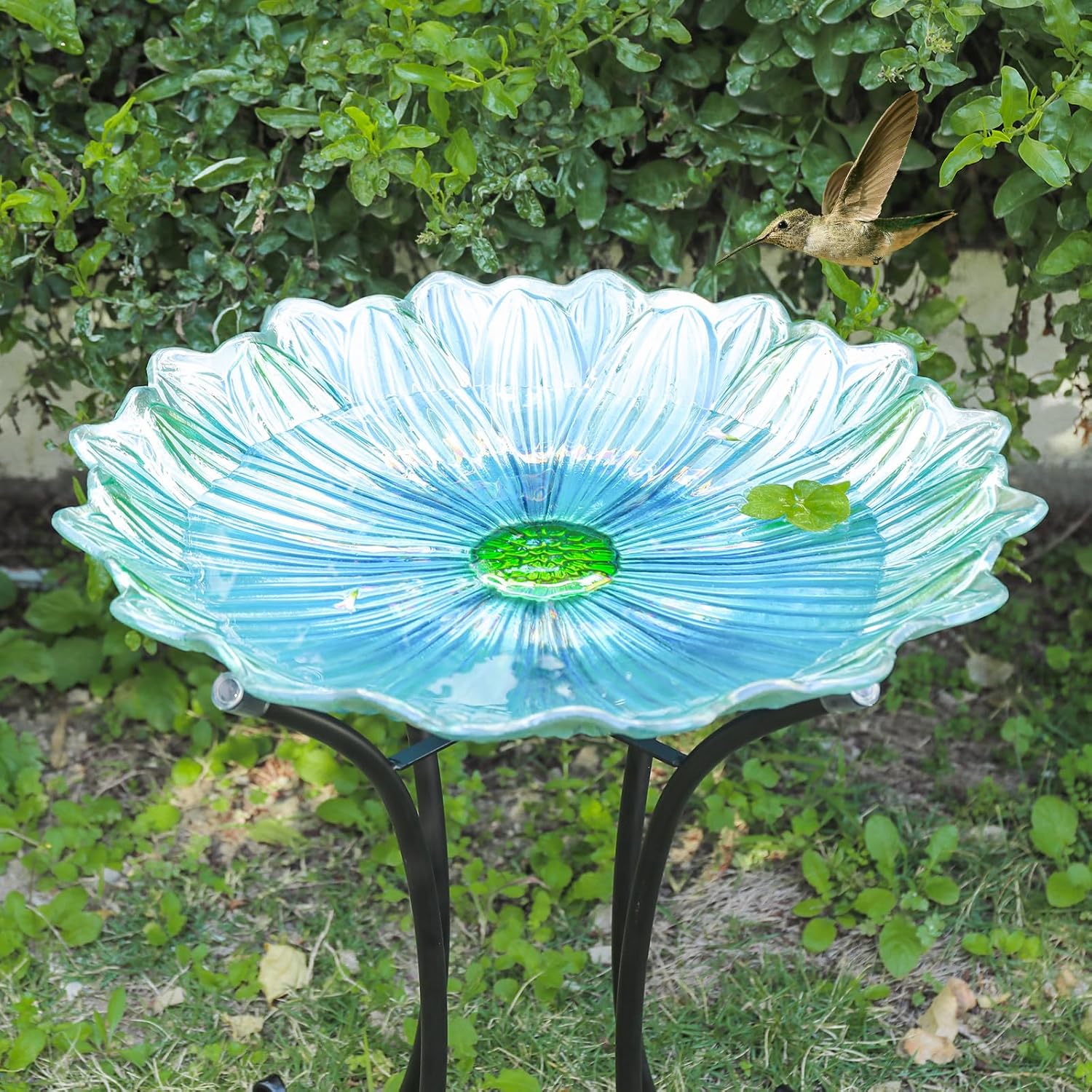 MUMTOP Outdoor Glass Birdbath with Metal Stand for Outside Yard Garden Decor, 18 inch Diameter Blue Bird Baths Bowl for Outdoors, 21 inch Height