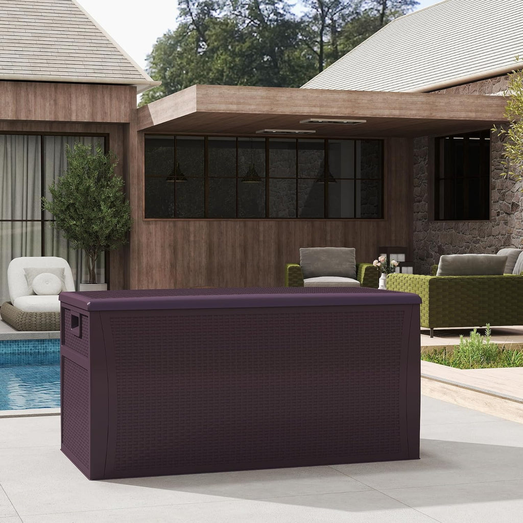 125 Gallon Resin Deck Box, Weatherproof Outdoor Storage Box for Patio, Garden, Pool, and Yard, Lockable Waterproof Bin for Tools, Cushions, and Accessories, Brown