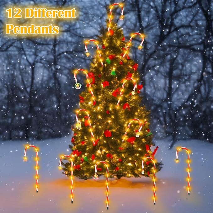 12 Pcs Christmas Candy Cane Lights Outdoor Christmas Decorations Battery Operated Candy Cane Pathway Markers Light 84 LED Candy Cane Stake Waterproof with 8 Modes for Yard Garden Lawn Tree Decor