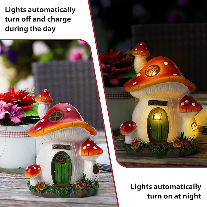 Mushroom House Garden Statue Outdoor, Solar Light Mushroom House Garden Figurines for Lawn, Balcony, Yard Decoration, Outdoor Garden Decoration