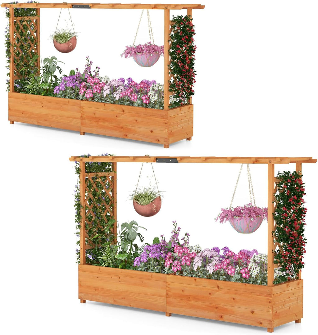 S AFSTAR 45-Inch Raised Garden Bed with Arch Trellis, Hanging Roof, Planter Box, Drainage Holes, Vertical Plant Container for Vine Climbing Plant Flower, Flower Bed Wood Planter for Indoor & Outdoor