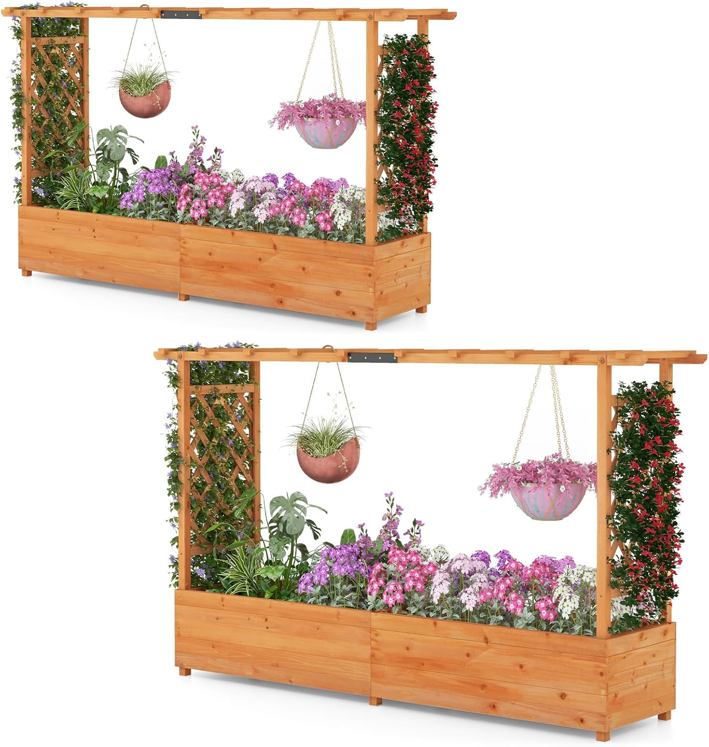 S AFSTAR 45-Inch Raised Garden Bed with Arch Trellis, Hanging Roof, Planter Box, Drainage Holes, Vertical Plant Container for Vine Climbing Plant Flower, Flower Bed Wood Planter for Indoor & Outdoor