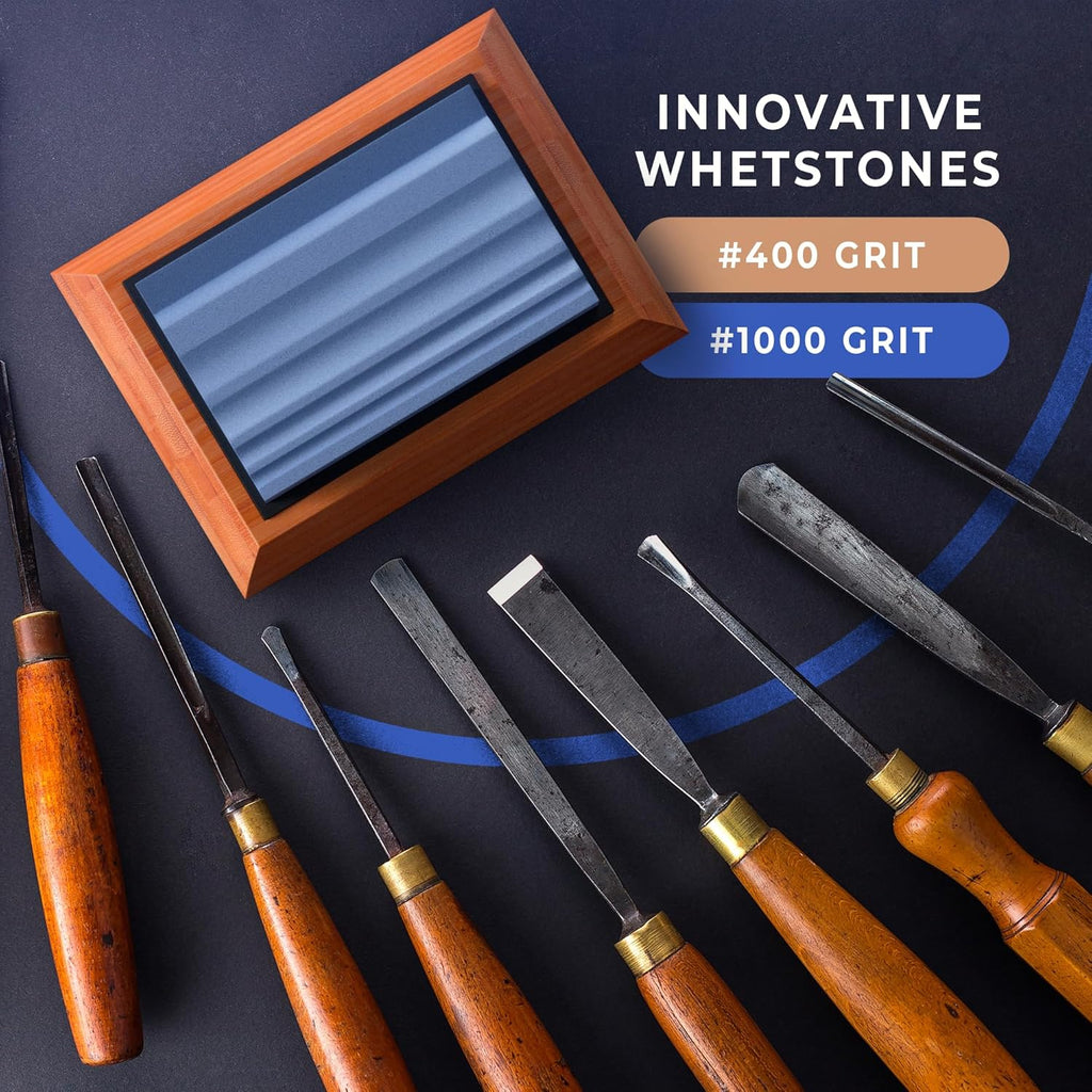 Sharp Pebble Sharpening Stones for Wood Carving Tools-Two Whetstones Grit 400 & 1000 Gouge Sharpener- Waterstone Sharpening System for Wood Carving Knives & Chisels with Non-Slip Bamboo Base