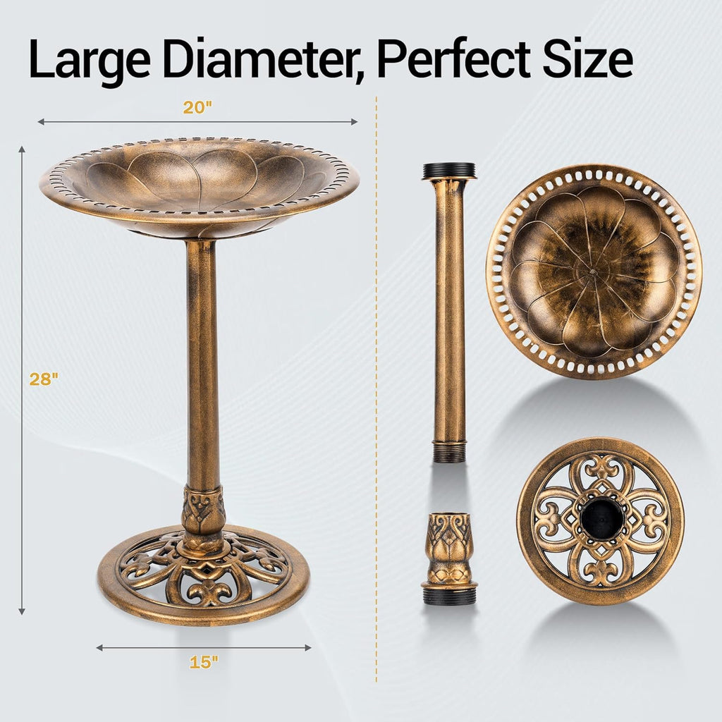 Bird Bath 28 Inch Height, Polyresin Standing Antique Birdbath for Outdoor Garden Decor, Gold