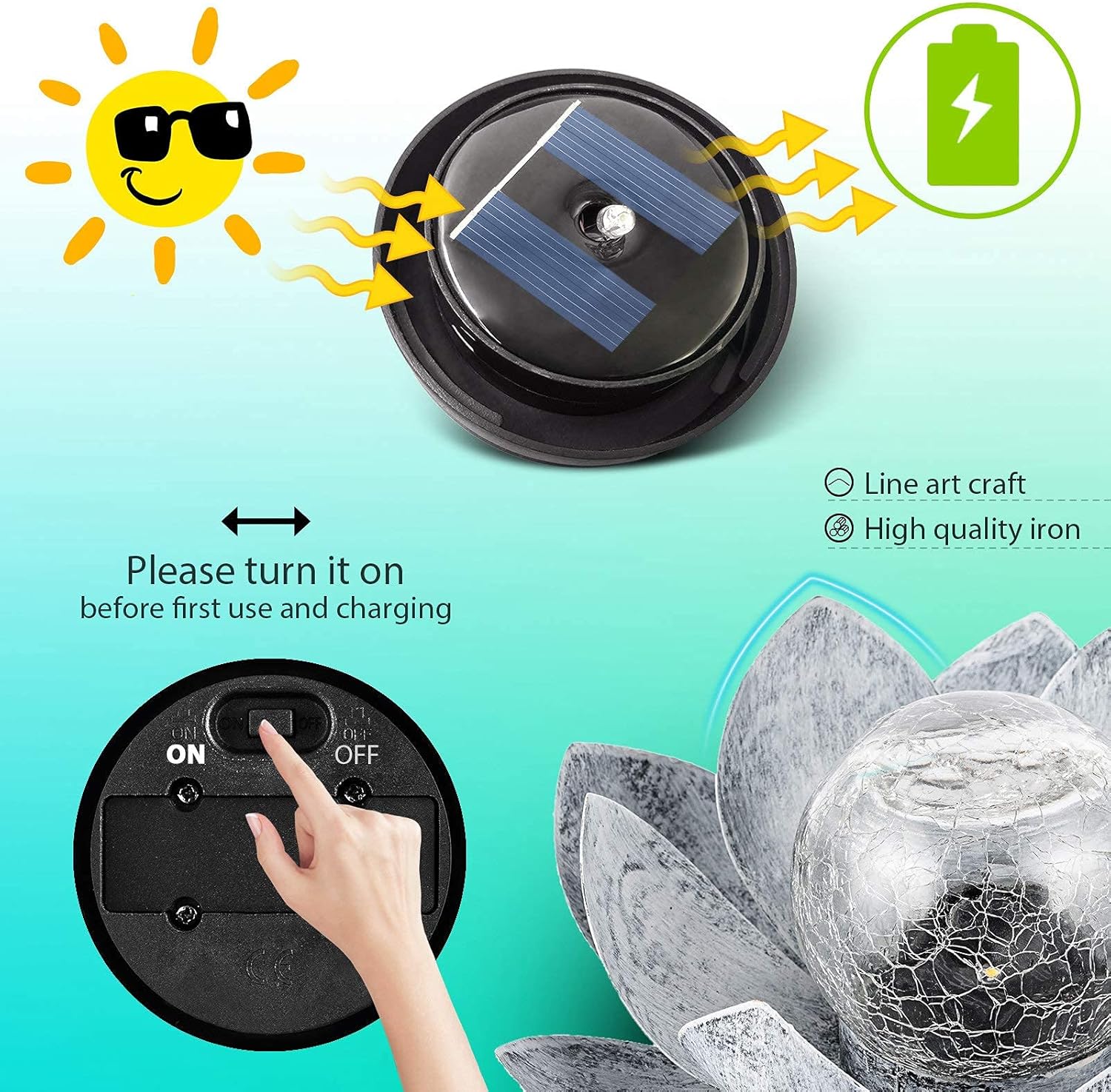 Huaxu Solar Lights Outdoor Garden, Crackle Globe Glass Lotus Decor, Waterproof LED Metal Flower Decorations for Patio,Lawn,Walkway,Tabletop,Ground