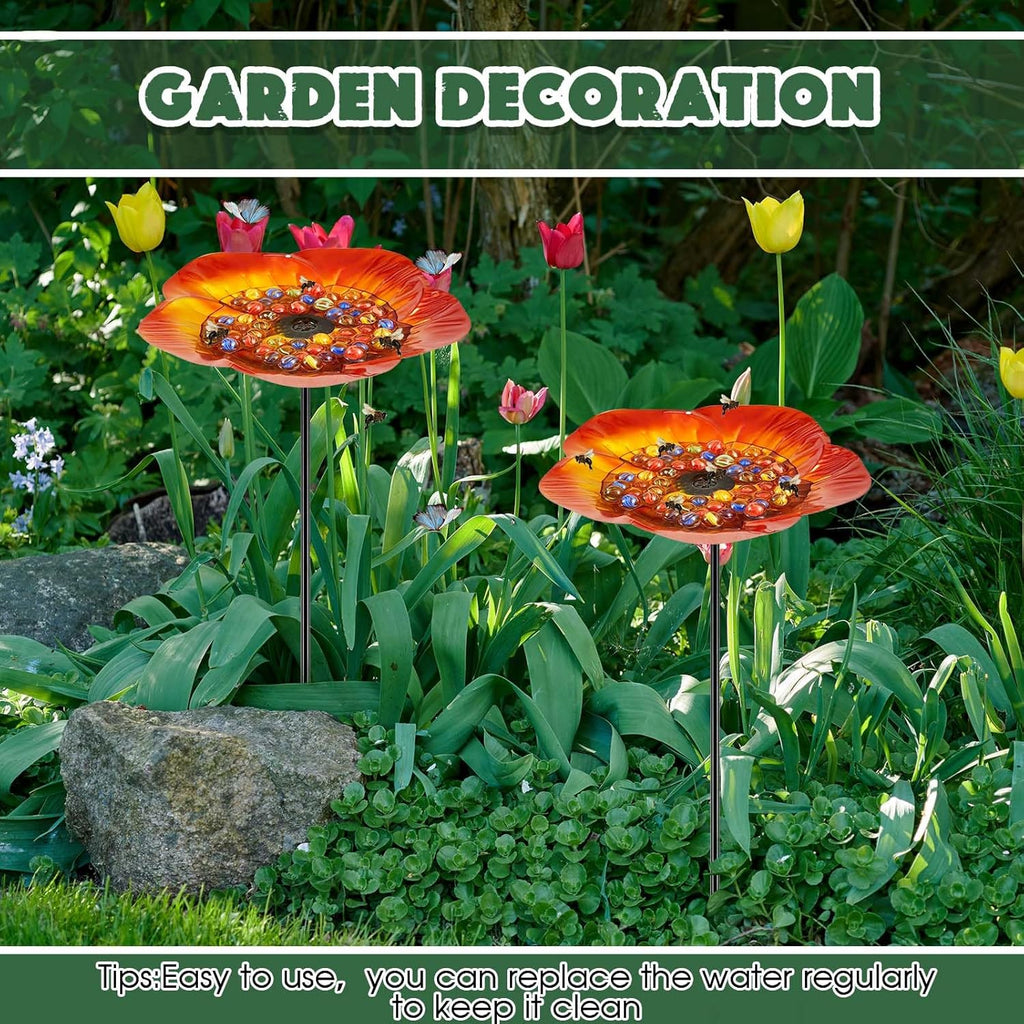 Tandefio Vivid Flower Bee Watering Station Metal Butterfly Water Feeder Cup with 30 Colorful Glass Marbles Bee Feeder Butterfly Bath Bowl for Garden Outdoor Yard Decors(Golden Brown,Flower)