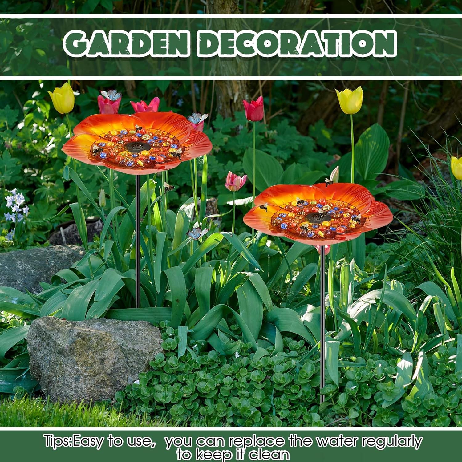 Tandefio Vivid Flower Bee Watering Station Metal Butterfly Water Feeder Cup with 30 Colorful Glass Marbles Bee Feeder Butterfly Bath Bowl for Garden Outdoor Yard Decors(Golden Brown,Flower)