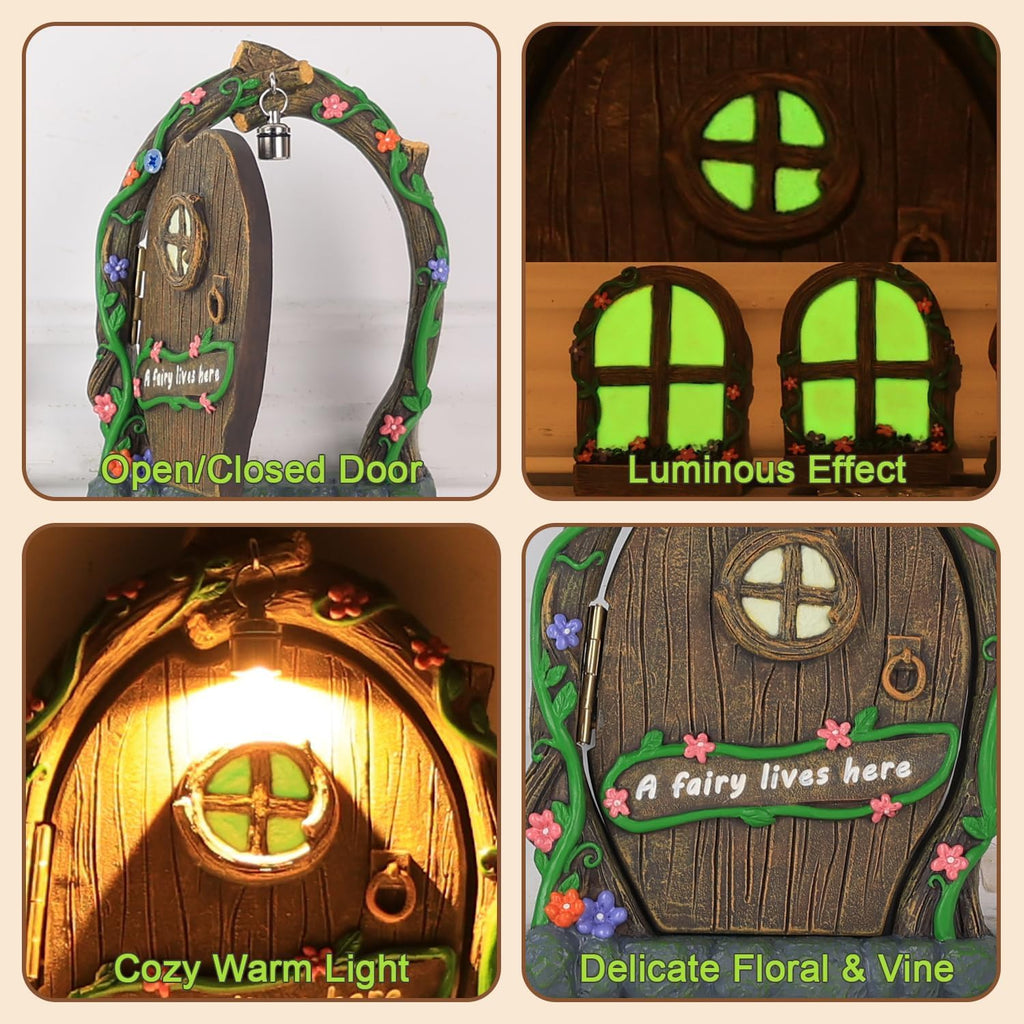 MEETYAMOR Miniature Fairy Garden Accessories, 4 PCS Opening Fairy Door and Windows with Light for Trees, Glow in The Dark Yard Art Outdoor Statues Fairy House Kit Garden Decor for Outside