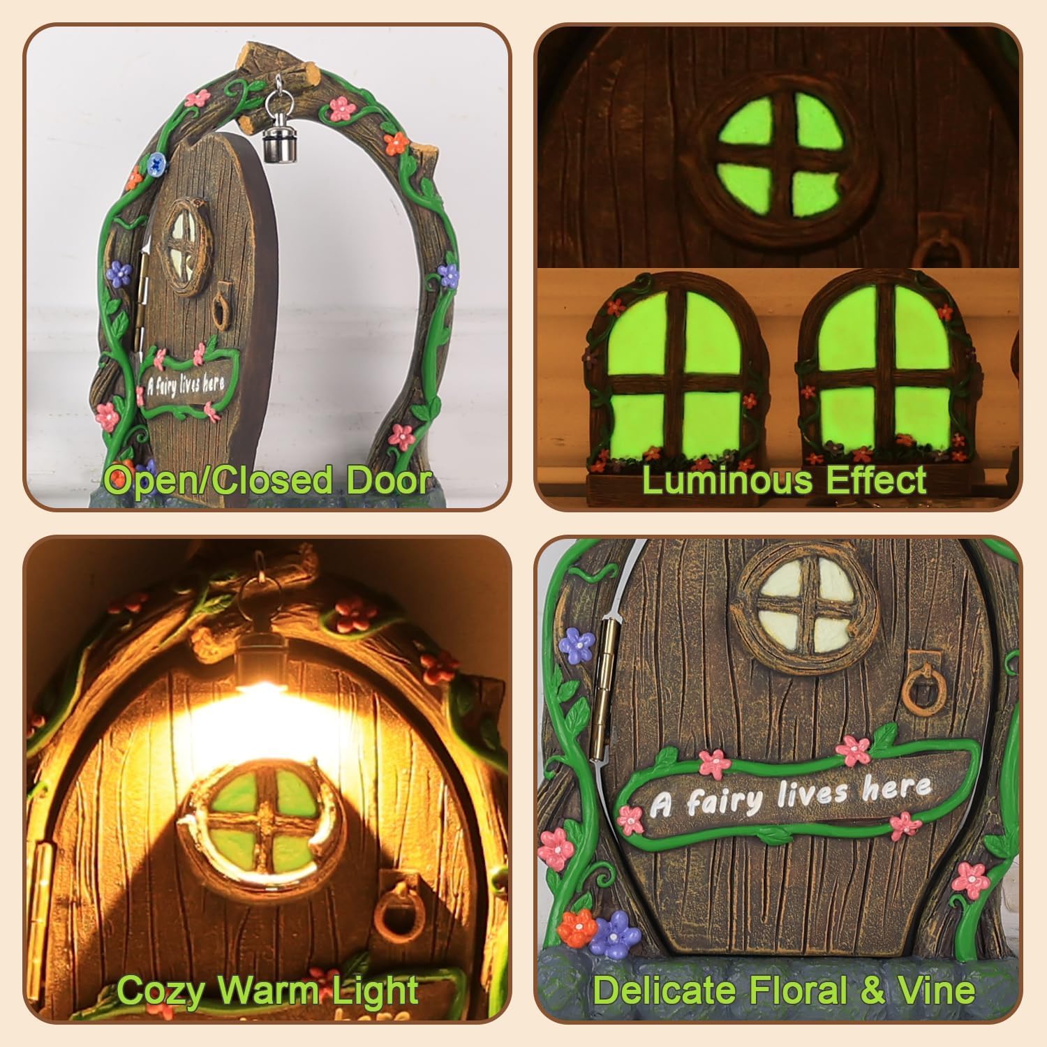 MEETYAMOR Miniature Fairy Garden Accessories, 4 PCS Opening Fairy Door and Windows with Light for Trees, Glow in The Dark Yard Art Outdoor Statues Fairy House Kit Garden Decor for Outside